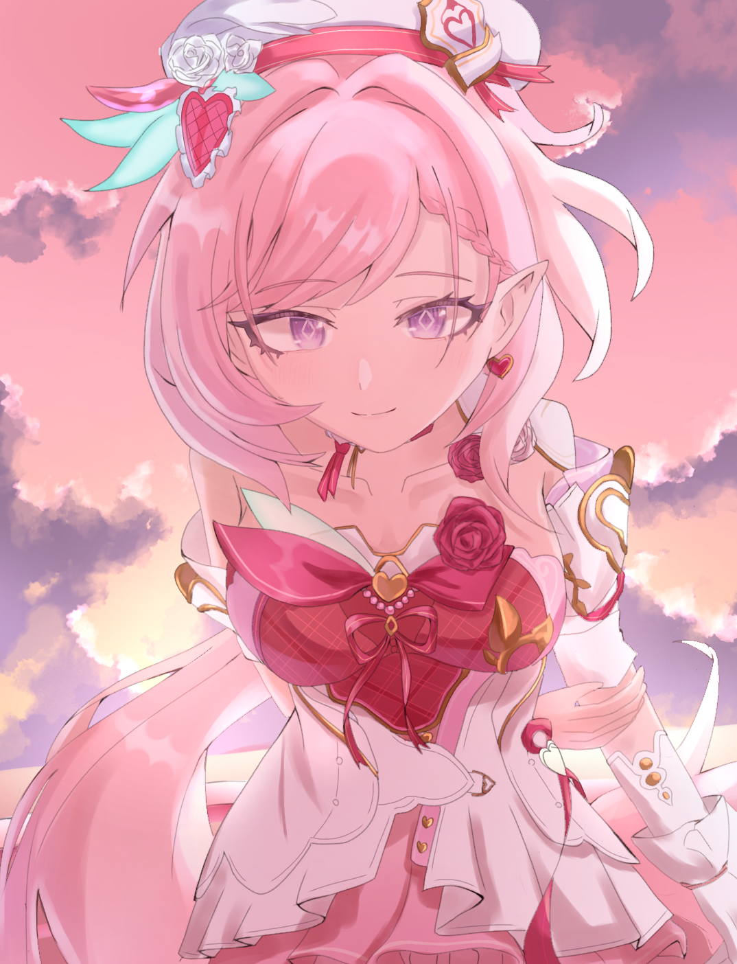 elysia (hi love elf) (honkai impact), elysia (honkai impact), honkai (series), honkai impact 3rd, commentary request, highres, 1girl, beret, breasts, chiri 06, diamond-shaped pupils, diamond (shape), dress, earrings, elf, hat, heart, heart earrings, jewelry, large breasts, long hair, looking at viewer, multicolored hair, pink hair, pink sky, pointy ears, purple eyes, red dress, sky, smile, solo, symbol-shaped pupils, two-tone dress, two-tone hair, very long hair, white dress, white hair