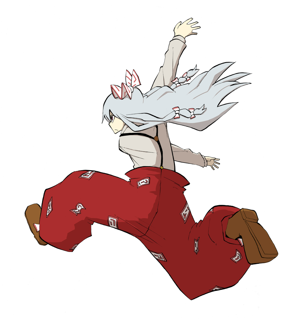 karu (ishiken), fujiwara no mokou, touhou, nib pen (medium), pen (medium), traditional media, 1girl, bow, female focus, from behind, frown, full body, grey hair, hair bow, long sleeves, multiple hair bows, pants, simple background, solo, spinzaku, suspenders, white background
