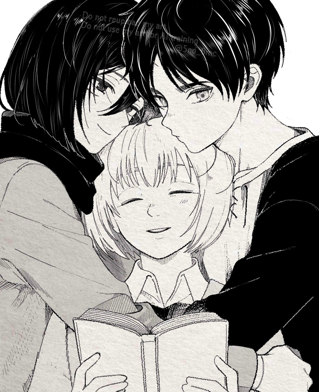 5nd 0mc, armin arlert, eren yeager, mikasa ackerman, shingeki no kyojin, highres, 1girl, 2boys, arms around neck, black hair, black jacket, book, closed eyes, collared shirt, facial scar, greyscale, hair between eyes, holding, holding book, jacket, light blush, monochrome, multiple boys, parted bangs, parted lips, scar, scar on cheek, scar on face, scarf, shirt, short hair, smile, white background, white shirt