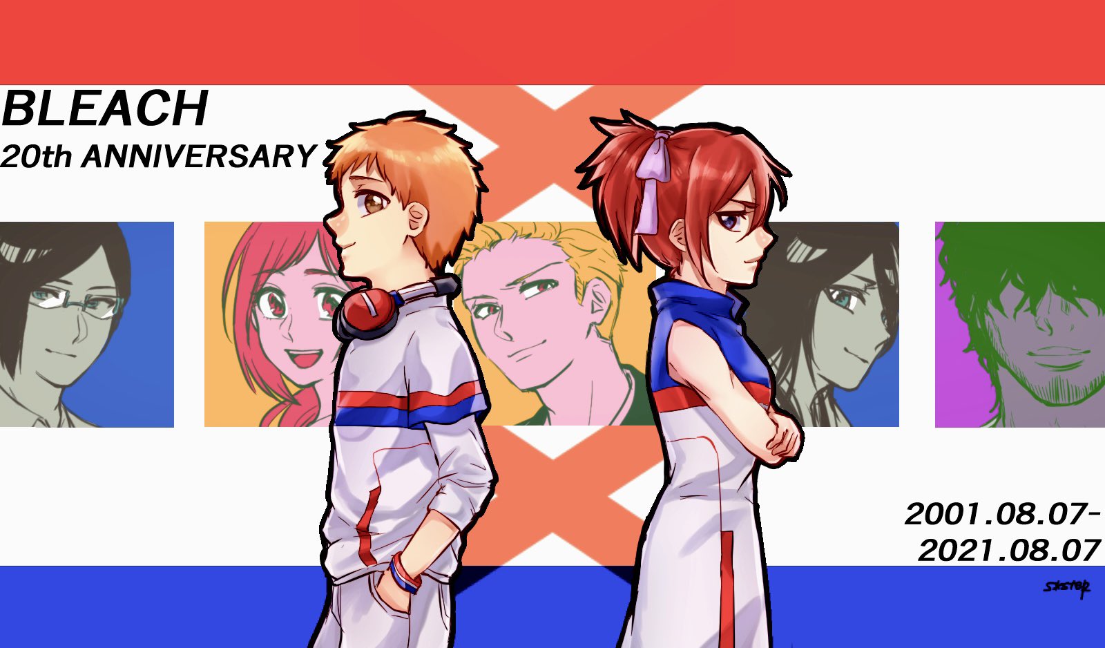 1046sstep btoh, abarai ichika, inoue orihime, ishida uryuu, kuchiki rukia, kurosaki ichigo, kurosaki kazui, sado yasutora, bleach, bleach: epilogue, commentary request, highres, 3girls, 4boys, anniversary, black hair, copyright name, crossed arms, dated, dress, facial hair, glasses, goatee, green eyes, hair over eyes, hair ribbon, hands in pockets, headphones, multiple boys, multiple girls, orange hair, ponytail, red eyes, red hair, ribbon, signature