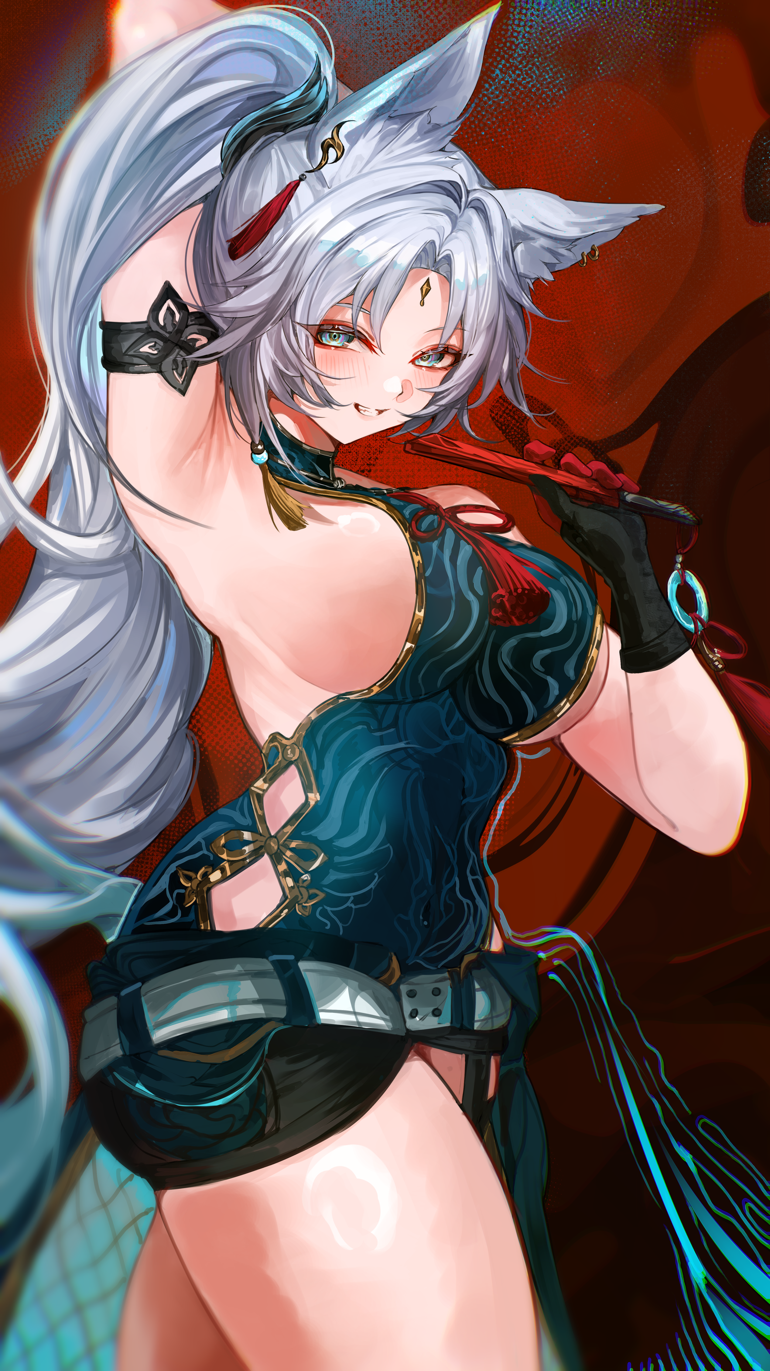 yuki flourish, feixiao (honkai: star rail), honkai: star rail, honkai (series), absurdres, commentary, highres, 1girl, animal ear piercing, animal ears, aqua eyes, aqua shirt, black gloves, black shorts, breasts, forehead jewel, fox ears, fox girl, gloves, grey hair, hand fan, high ponytail, holding, holding fan, large breasts, long hair, ponytail, shirt, short shorts, shorts, sideboob, smile, solo, thighs, very long hair