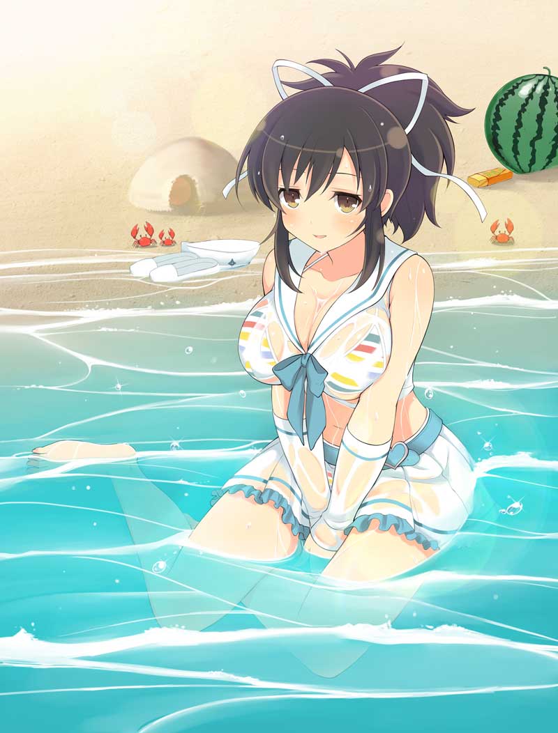 asuka (senran kagura), senran kagura, senran kagura new wave, senran kagura shoujo-tachi no shin'ei, 1girl, arm warmers, beach, belt, bikini, bikini under clothes, bikini under skirt, blue belt, blue bow, blush, bow, breasts, brown eyes, brown hair, candy, candy bar, cleavage, collarbone, crab, crop top, crustacean, day, food, frilled skirt, frills, fruit, hair ribbon, hat, heart, large breasts, lens flare, light particles, multicolored bikini, multicolored stripes, navel, ocean, outdoors, parted lips, pleated skirt, ponytail, rainbow bikini, ribbon, sand, sand castle, sand sculpture, see-through clothes, shoes, shore, short hair, short ponytail, shuriken print, sidelocks, sitting, skirt, smile, sparkle, string bikini, striped bikini, striped clothes, swimsuit, unworn hat, unworn headwear, unworn shoes, water, water drop, watermelon, wet, wet clothes, white hat, white ribbon, white shoes, white skirt, yokozuwari