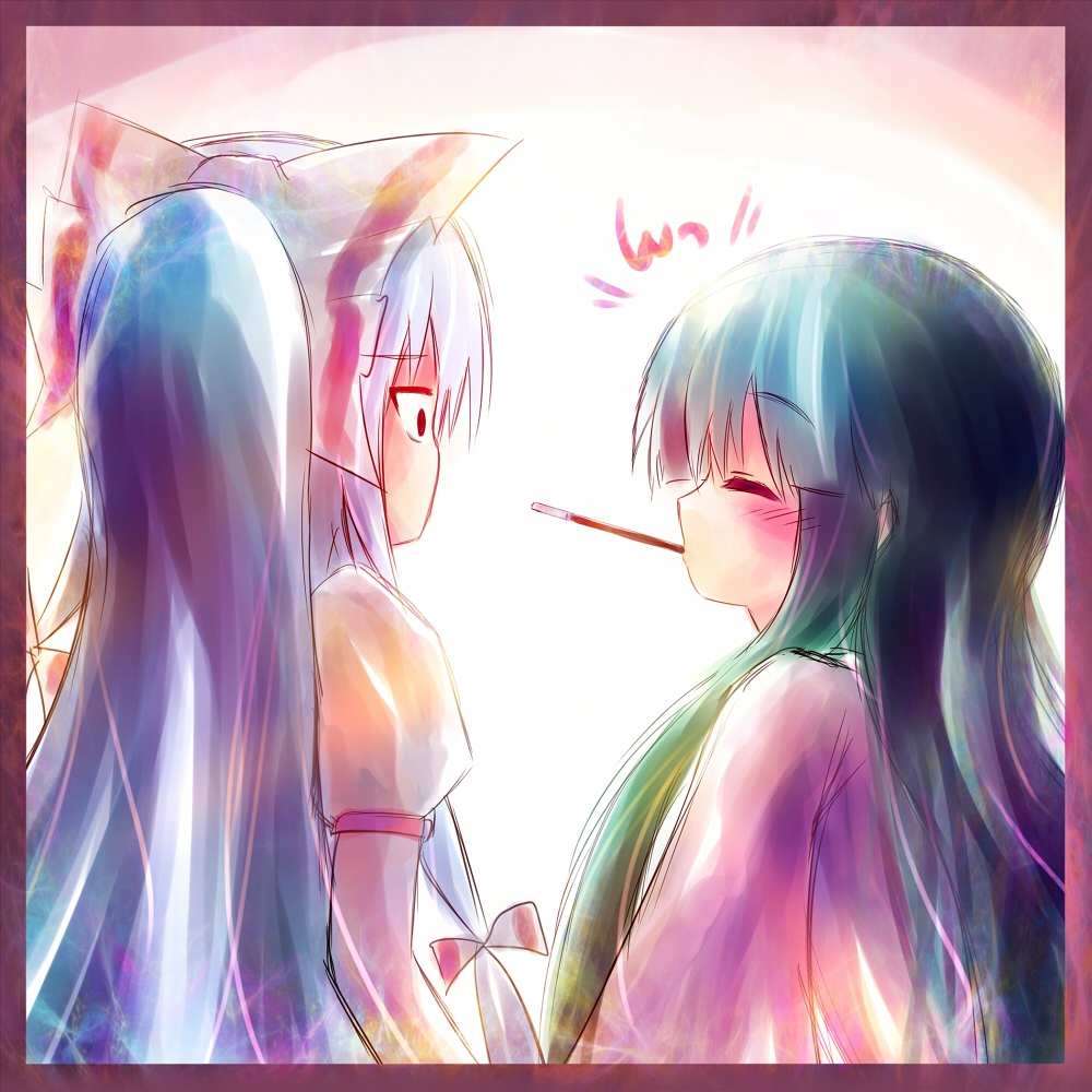ayakashi (monkeypanch), fujiwara no mokou, houraisan kaguya, touhou, bad id, bad pixiv id, 2girls, female focus, food, multiple girls, pocky, pocky kiss, shared food