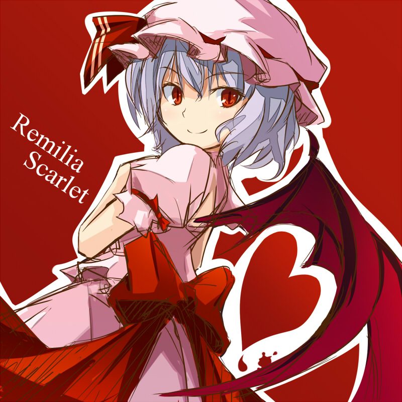 tsuyuki, tsuyuki (yukitgraph), remilia scarlet, touhou, light purple hair, 1girl, bat wings, blue hair, bow, character name, dress, female focus, hat, heart, looking back, red eyes, short hair, sketch, slit pupils, smile, solo, wings