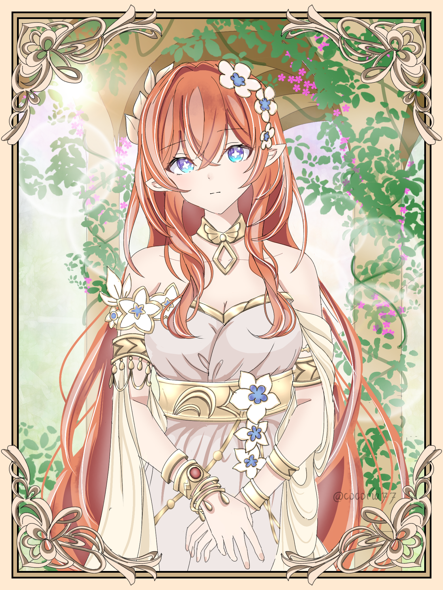 cocoria (cocoi), tribios (honkai: star rail), honkai: star rail, honkai (series), commentary request, highres, 1girl, bare shoulders, blue eyes, border, bracelet, breasts, cleavage, closed mouth, cross-shaped pupils, dress, expressionless, flower, gold bracelet, hair between eyes, hair flower, hair ornament, instagram username, jewelry, large breasts, long hair, looking at viewer, ornate border, own hands together, pillar, plant, pointy ears, red hair, solo, symbol-shaped pupils, upper body, very long hair, vines, white dress