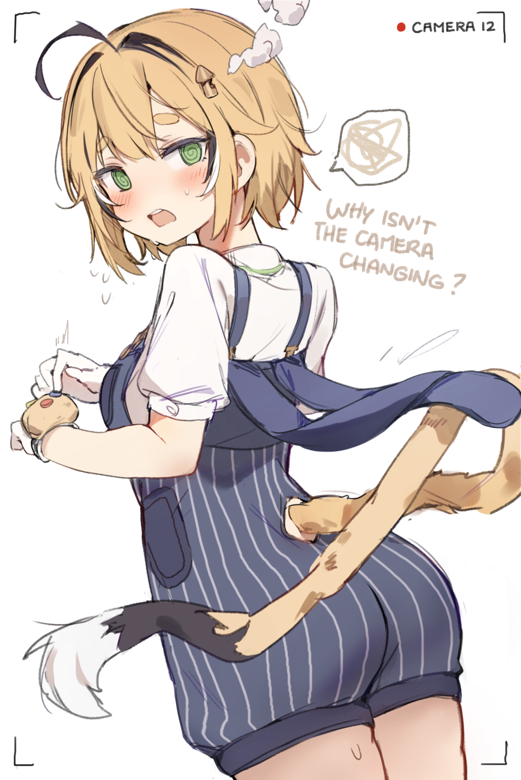 orobou, dooby, indie virtual youtuber, commentary, highres, 1girl, @ @, ahoge, black hair, blonde hair, blue overalls, blush, clothing cutout, english text, fake screenshot, from behind, gloves, green eyes, looking at viewer, mouse tail, multicolored hair, open mouth, overalls, recording, short hair, simple background, solo, speech bubble, streaked hair, tail, tail through clothes, teeth, thick eyebrows, upper teeth only, virtual youtuber, white background, white gloves