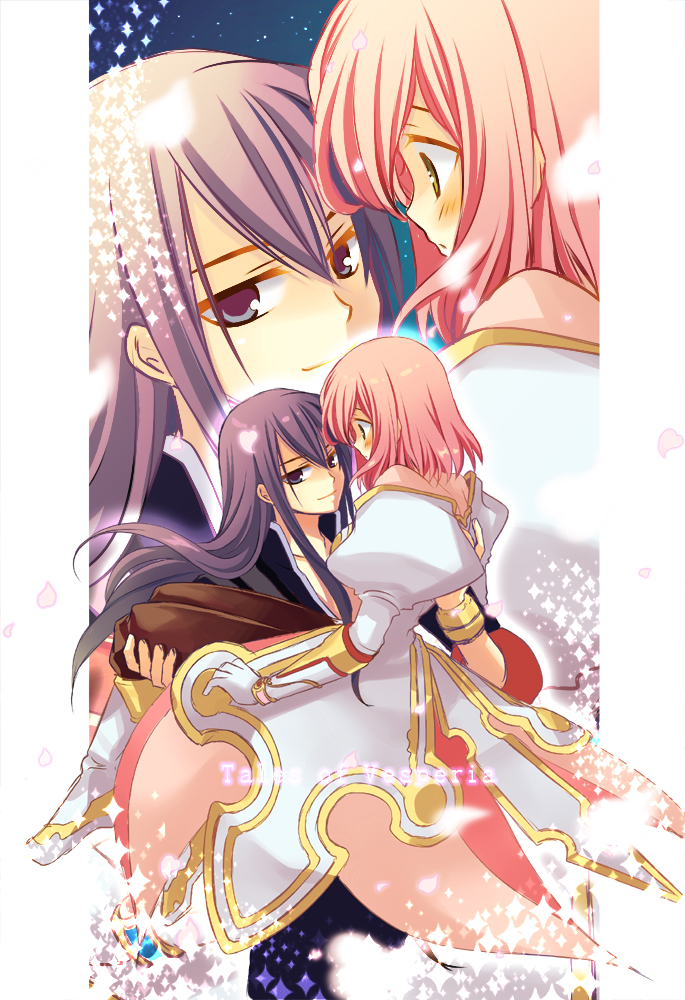 ayamisiro, estellise sidos heurassein, yuri lowell, tales of (series), tales of vesperia, 00s, 1boy, 1girl, black eyes, black hair, blush, bracelet, carrying, couple, gloves, green eyes, jewelry, long hair, pink hair, princess carry, short hair, smile, zoom layer