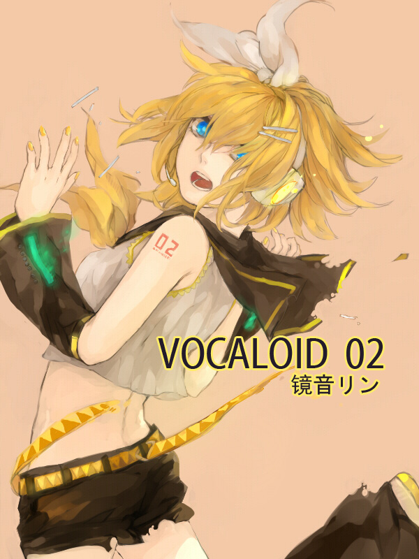 noir (ibaraki), kagamine rin, vocaloid, bad id, bad pixiv id, 1girl, blonde hair, blue eyes, female focus, hair ornament, hair ribbon, hairclip, headphones, headset, midriff, ribbon, short hair, shorts, solo