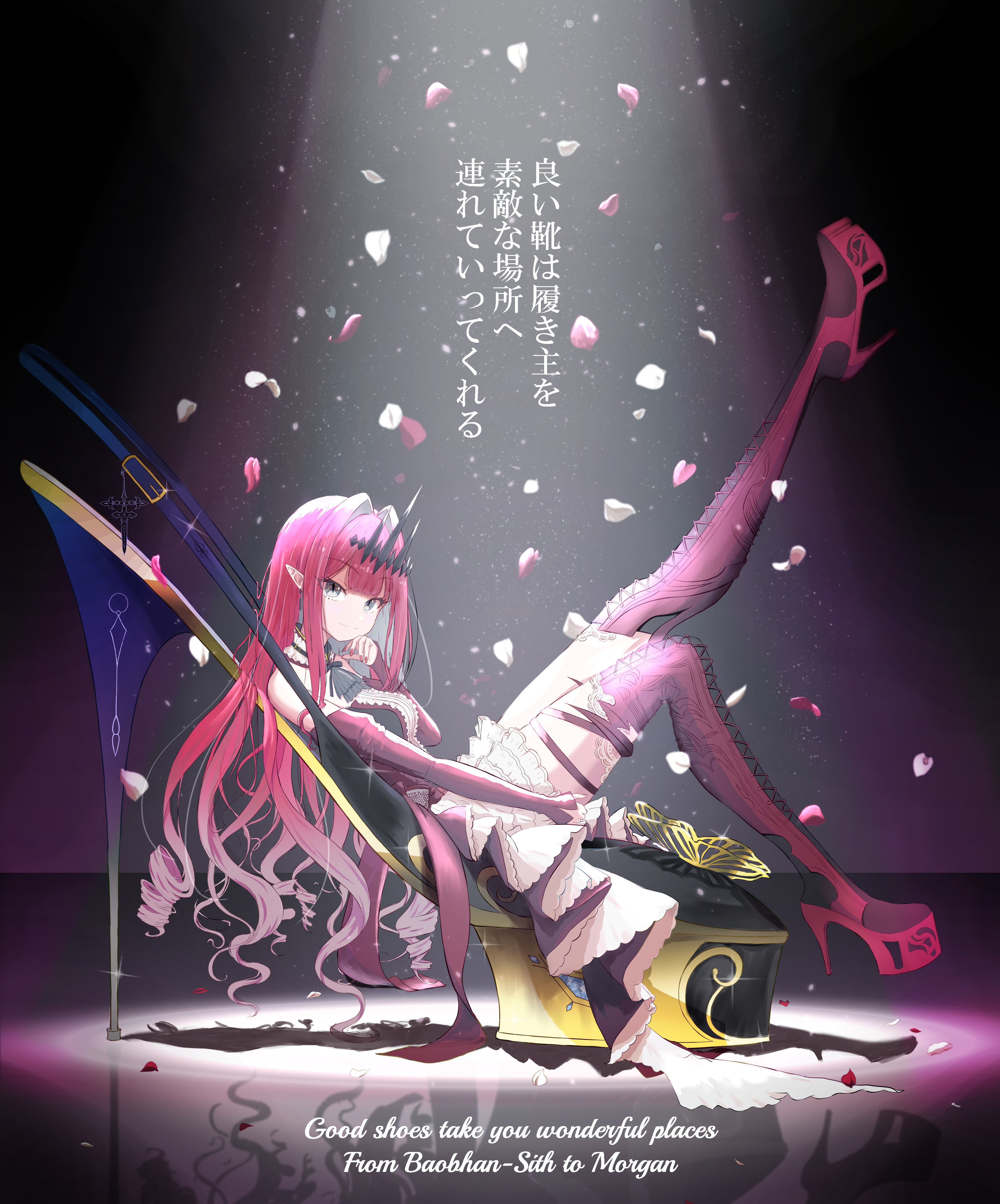 yasu da winci, baobhan sith (fate), baobhan sith (first ascension) (fate), fate/grand order, fate (series), absurdres, commentary request, highres, 1girl, bare shoulders, boots, breasts, detached sleeves, dress, english text, falling petals, frilled dress, frills, grey eyes, hair ornament, high heel boots, high heels, large breasts, leg up, long hair, looking at viewer, petals, pink hair, platform heels, pointy ears, red boots, red dress, sidelocks, sitting, smile, solo, thigh boots, tiara