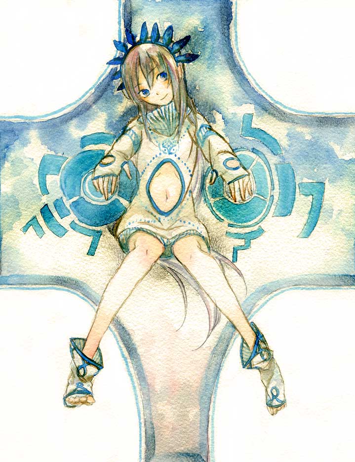 sugi, bad id, bad pixiv id, painting (medium), traditional media, watercolor (medium), 1girl, blue eyes, female focus, hairband, navel, sketch, solo, toes