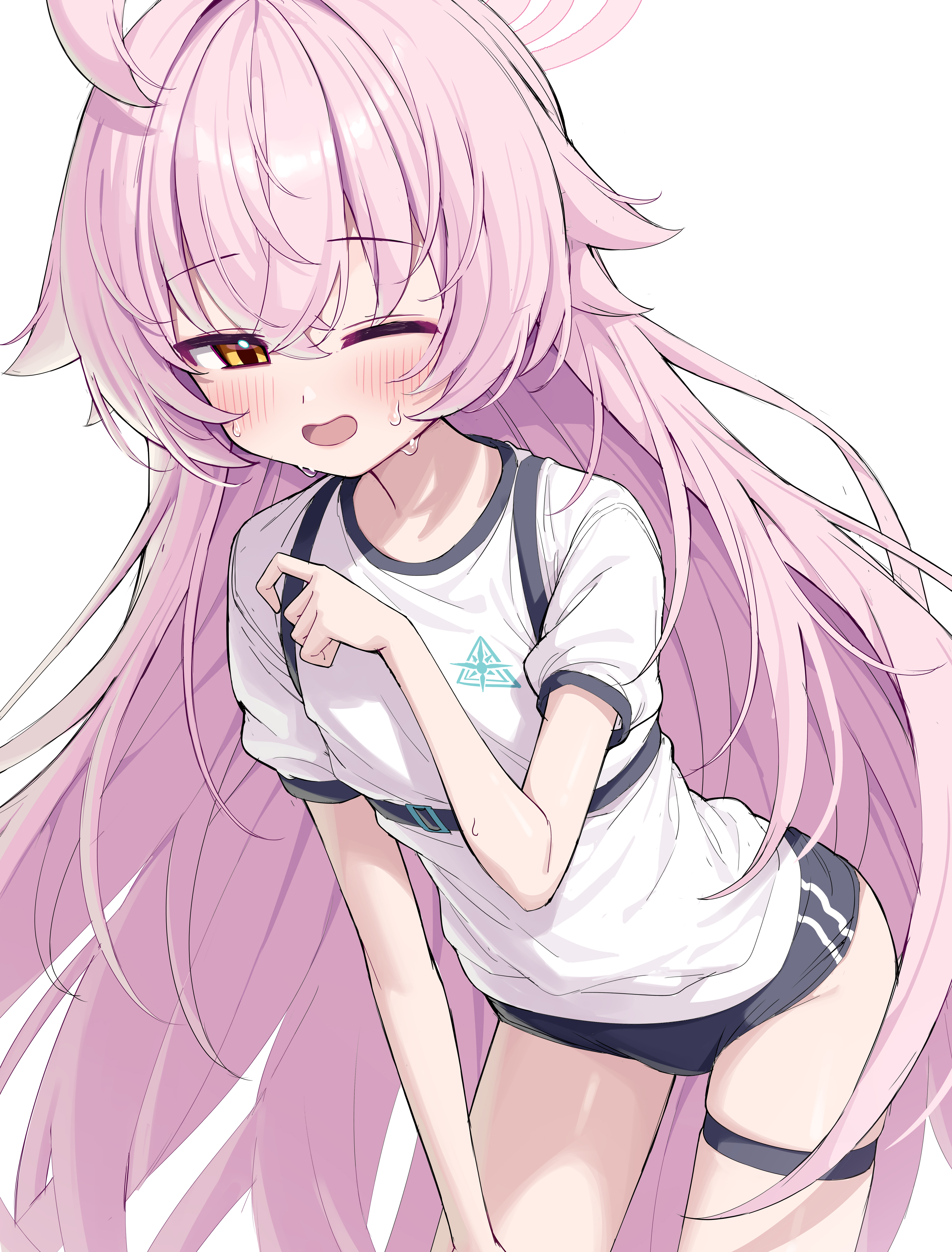 metaljelly, hoshino (blue archive), blue archive, absurdres, commentary, highres, korean commentary, 1girl, ahoge, black buruma, blush, buruma, flat chest, gym uniform, halo, leaning forward, long hair, looking at viewer, one eye closed, open mouth, pink hair, pink halo, puffy short sleeves, puffy sleeves, shirt, short sleeves, simple background, solo, sweat, thigh strap, very long hair, white background, white shirt, yellow eyes