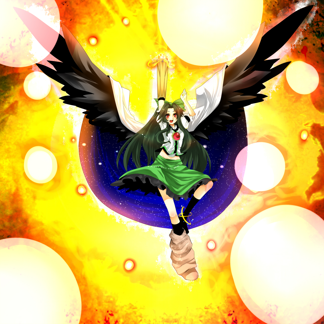 yutazou, reiuji utsuho, touhou, bad id, bad pixiv id, highres, 1girl, arm cannon, arms up, black hair, black wings, bow, cape, danmaku, female focus, gradient background, long hair, midriff, open mouth, red eyes, skirt, solo, weapon, wings