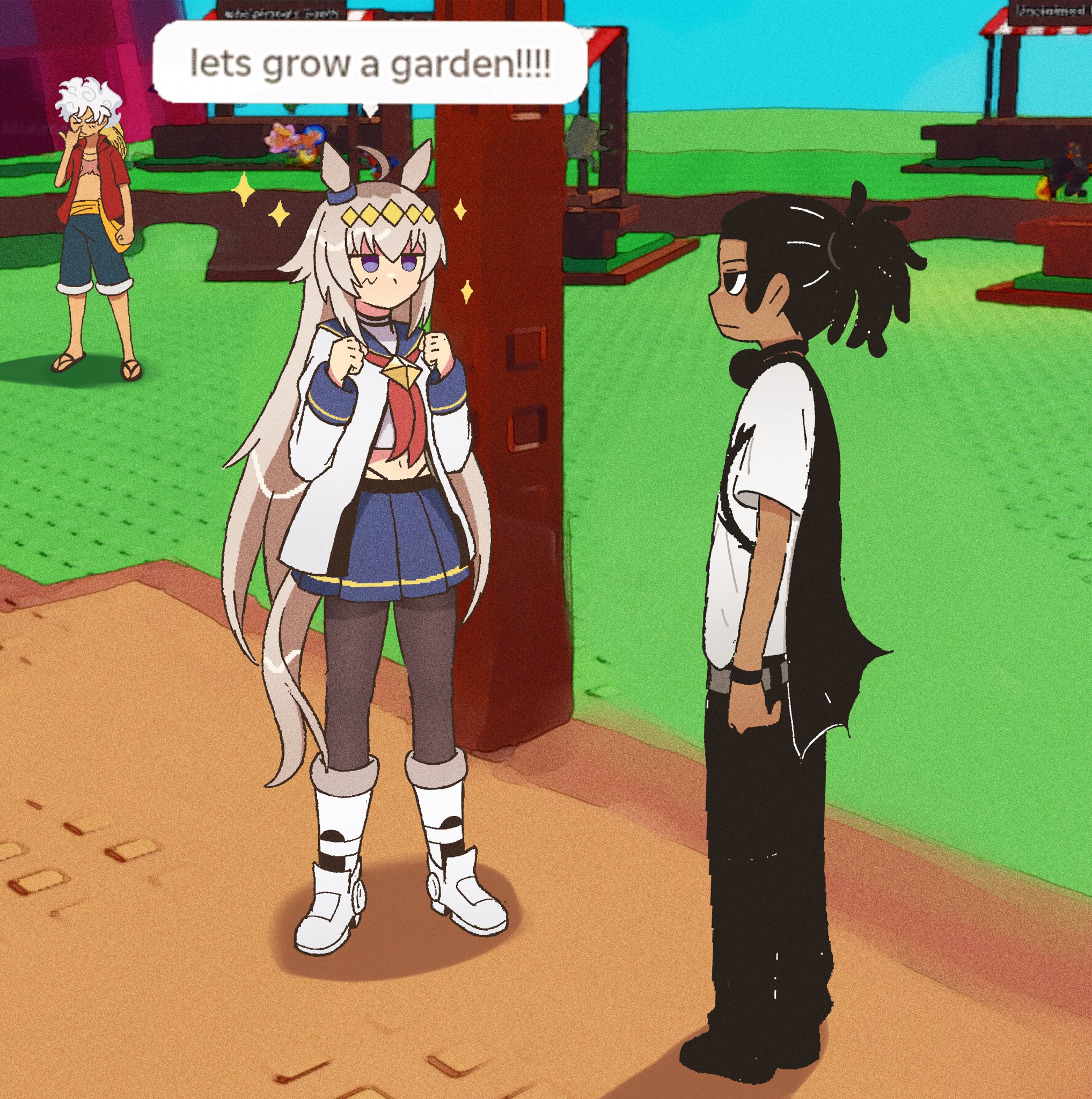 monkey d. luffy, oguri cap (starlight beat) (umamusume), oguri cap (umamusume), minecraft, one piece, umamusume, character request, highres, 1girl, 2boys, ahoge, animal ears, black hair, blue eyes, blush, bow, cloud hair, ear bow, ear covers, ear ornament, gear fifth, grey hair, grey tail, hair between eyes, hair ornament, hairband, hat, horse ears, horse girl, horse tail, long hair, long sleeves, multicolored hair, multiple boys, open clothes, red shirt, riddledout, sailor collar, sailor shirt, scar, scar on chest, scar on face, school uniform, shirt, short hair, shorts, skirt, straw hat, straw hat pirates, tail