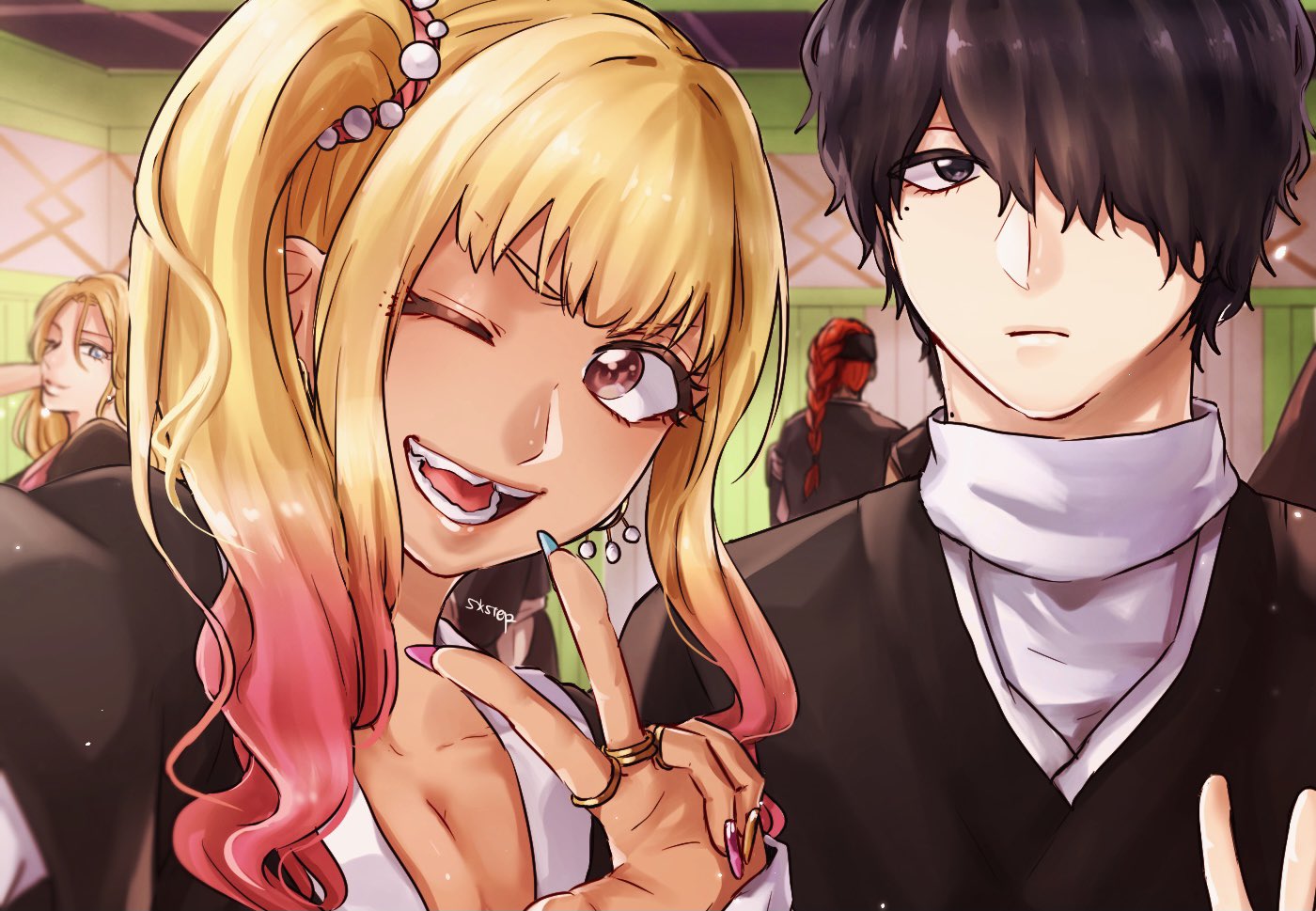 1046sstep btoh, abarai renji, matsumoto rangiku, yayahara yuyu, bleach, bleach: epilogue, character request, commentary request, 2boys, 2girls, black eyes, black hair, black headband, blonde hair, blue eyes, blue nails, braid, earrings, frown, gradient hair, gyaru, headband, jewelry, mole, mole under eye, multicolored hair, multiple boys, multiple girls, multiple rings, one eye closed, open mouth, pink hair, pink nails, ring, side ponytail, sidelocks, signature, single braid, smile, tooth gap, w, wavy hair