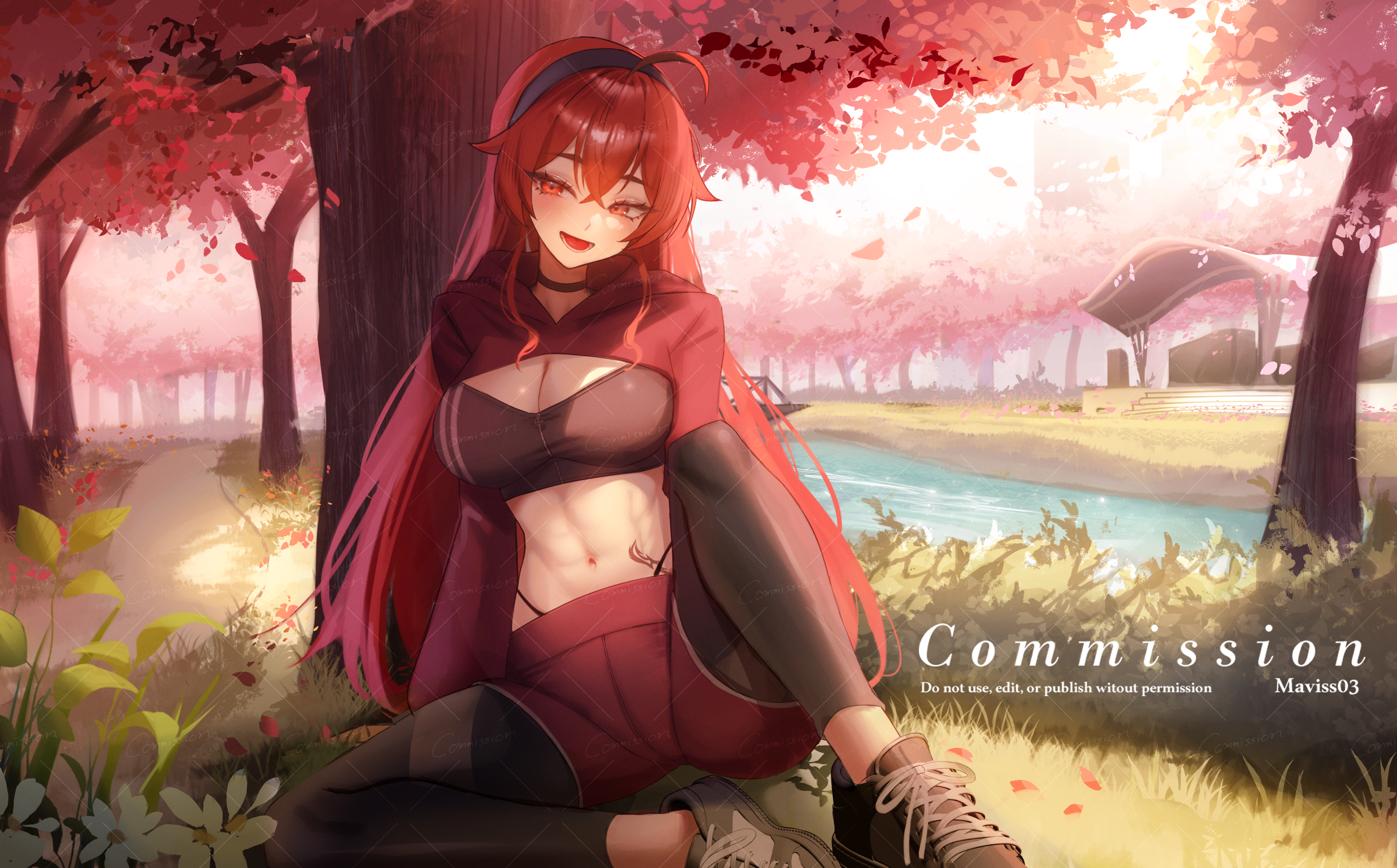 maviss 03, eris greyrat, mushoku tensei, commentary request, commission, highres, 1girl, abs, ahoge, black hairband, black leggings, black shoes, breasts, cherry blossoms, cleavage, crop top, full body, hairband, large breasts, leggings, long hair, midriff, navel, on grass, open mouth, outdoors, red eyes, red hair, red hood, red shoes, shoes, sitting, solo, tree, very long hair