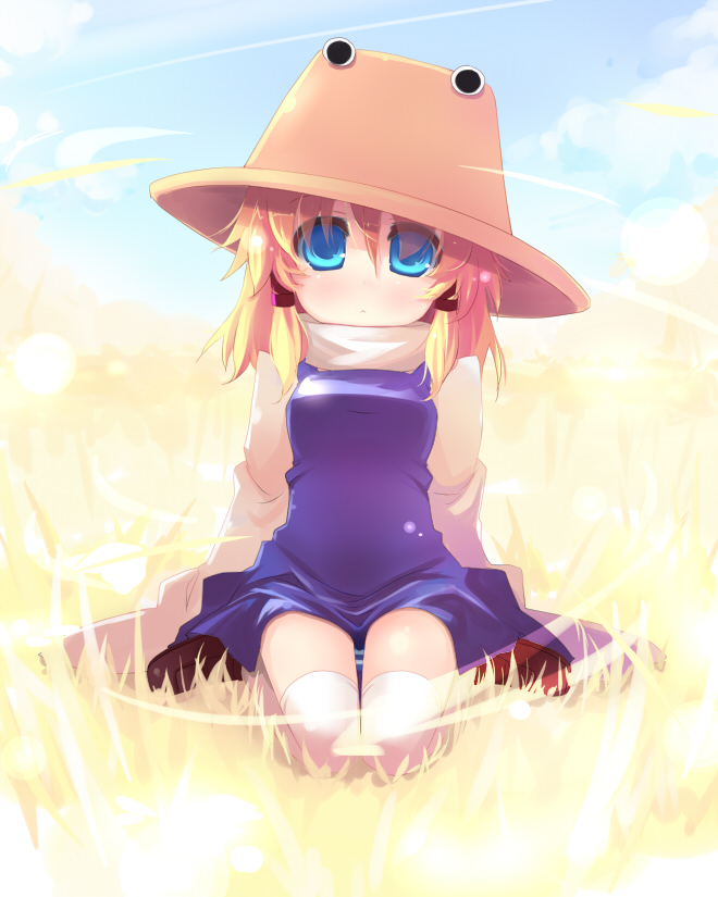 shin (new), moriya suwako, touhou, 1girl, blonde hair, blue eyes, dress, female focus, field, gradient background, hat, nature, outdoors, plant, short hair, sitting, sky, solo, thighhighs, wariza