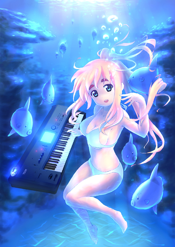 orita enpitsu, kotobuki tsumugi, k-on!, korg, eyebrows, 00s, 1girl, armpits, barefoot, bikini, blonde hair, blue eyes, breasts, bubble, female focus, fish, instrument, korg triton, long hair, ocean sunfish, solo, swimsuit, synthesizer, underwater