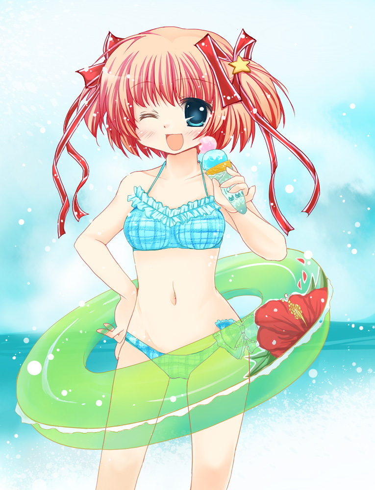 sukuneko, kamikita komari, little busters!, bad id, bad pixiv id, 1girl, bikini, blonde hair, blue bikini, blue eyes, blush, female focus, flower, food, frilled bikini, frills, hand on own hip, hip focus, ice cream, ice cream cone, innertube, one eye closed, open mouth, short hair, solo, standing, star (symbol), swim ring, swimsuit, wink