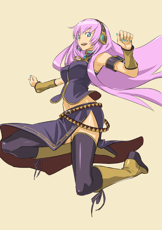 shiitake urimo, megurine luka, vocaloid, bad id, bad pixiv id, 1girl, aqua eyes, boots, female focus, headphones, headset, jumping, long hair, midriff, navel, pink hair, simple background, skirt, solo, thighhighs