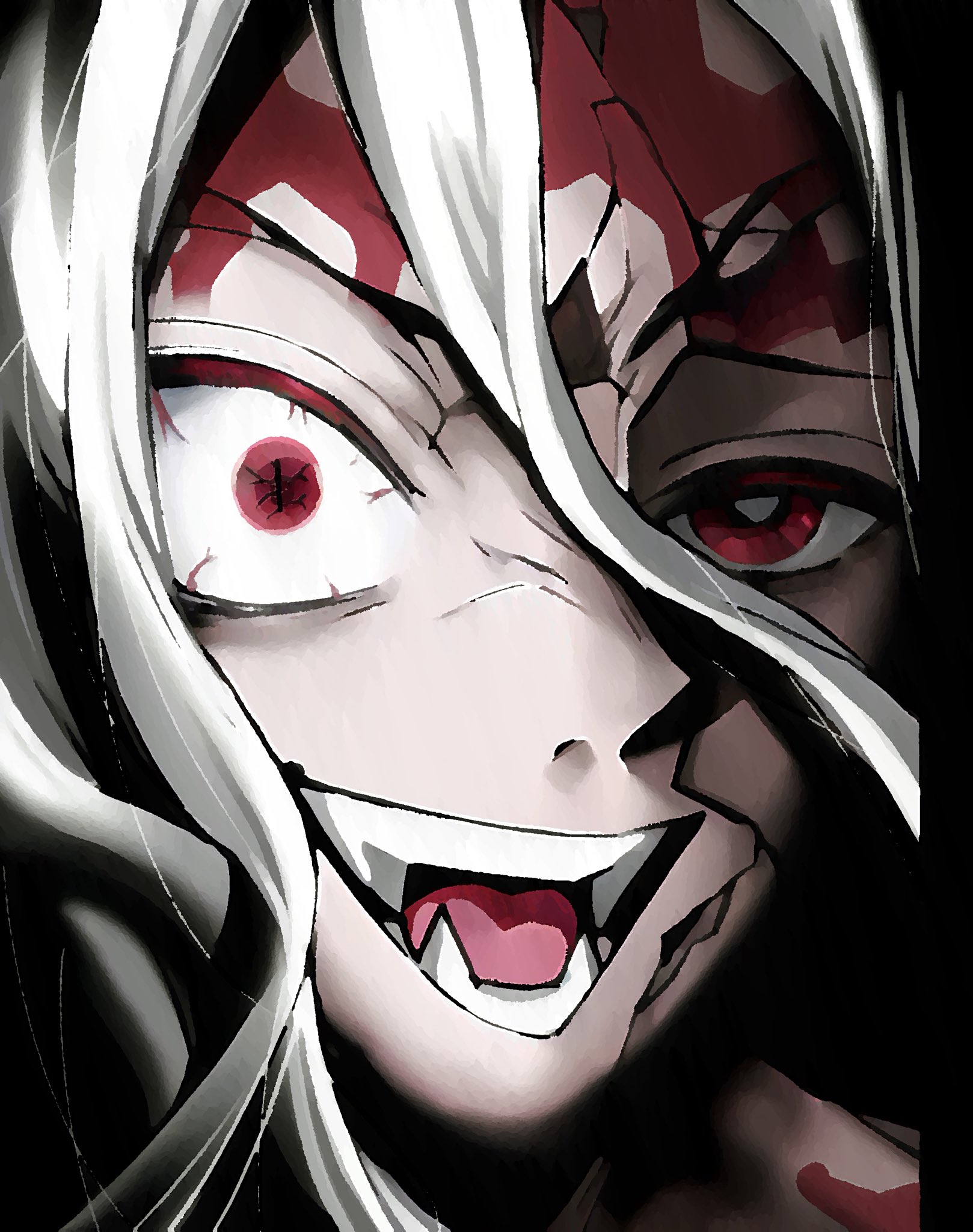 kibutsuji muzan, kimetsu no yaiba, highres, translation request, 1boy, black background, cracked kawaii mask, fangs, hair between eyes, long hair, male focus, portrait, red eyes, solo, teeth, tja gm, tongue, white hair