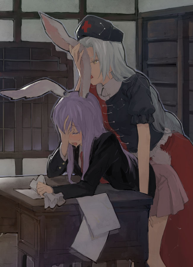 minakata sunao, reisen udongein inaba, yagokoro eirin, touhou, silver hair, artist request, 2girls, animal ears, bent over, blush, closed eyes, eargasm, facepalm, female focus, from behind, hat, licking, long hair, multiple girls, necktie, open mouth, purple hair, rabbit ears, rabbit tail, saliva, school uniform, skirt, table, tail, tears, tongue, uncommon stimulation, yellow eyes, yuri