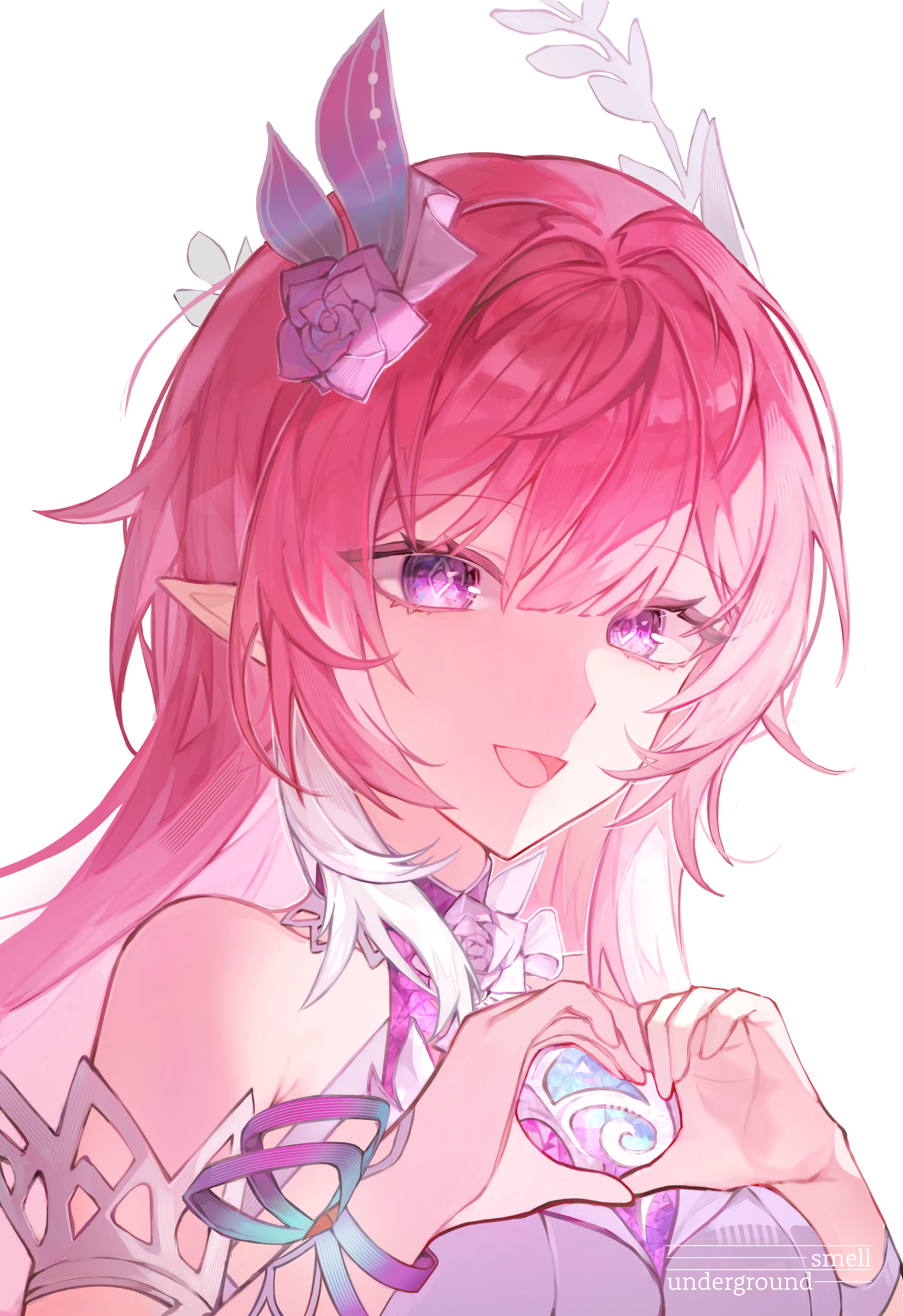 cyrene (honkai: star rail), cyrene (ripples of past reverie) (honkai: star rail), honkai: star rail, honkai (series), absurdres, commentary, highres, 1girl, bare shoulders, breasts, diamond-shaped pupils, diamond (shape), flower, hair flower, hair ornament, hands up, heart, heart hands, large breasts, long hair, looking at viewer, pink flower, pink hair, pink rose, pointy ears, purple eyes, rose, sidelocks, simple background, solo, symbol-shaped pupils, undergroundsmel, upper body, white background