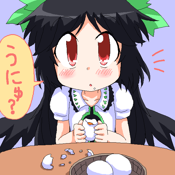 geetsu, reiuji utsuho, touhou, translated, 1girl, black hair, blouse, blush, broken egg, egg, female focus, long hair, purple background, red eyes, shirt, simple background, solo, speech bubble, unyu, upper body, very long hair, white shirt, wings