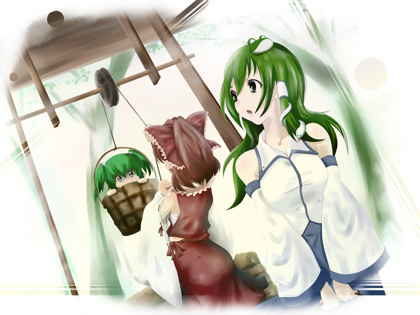 poker-face-008, hakurei reimu, kisume, kochiya sanae, touhou, highres, 3girls, brown hair, bucket, detached sleeves, drawing water, female focus, green hair, in bucket, in container, japanese clothes, miko, multiple girls, well