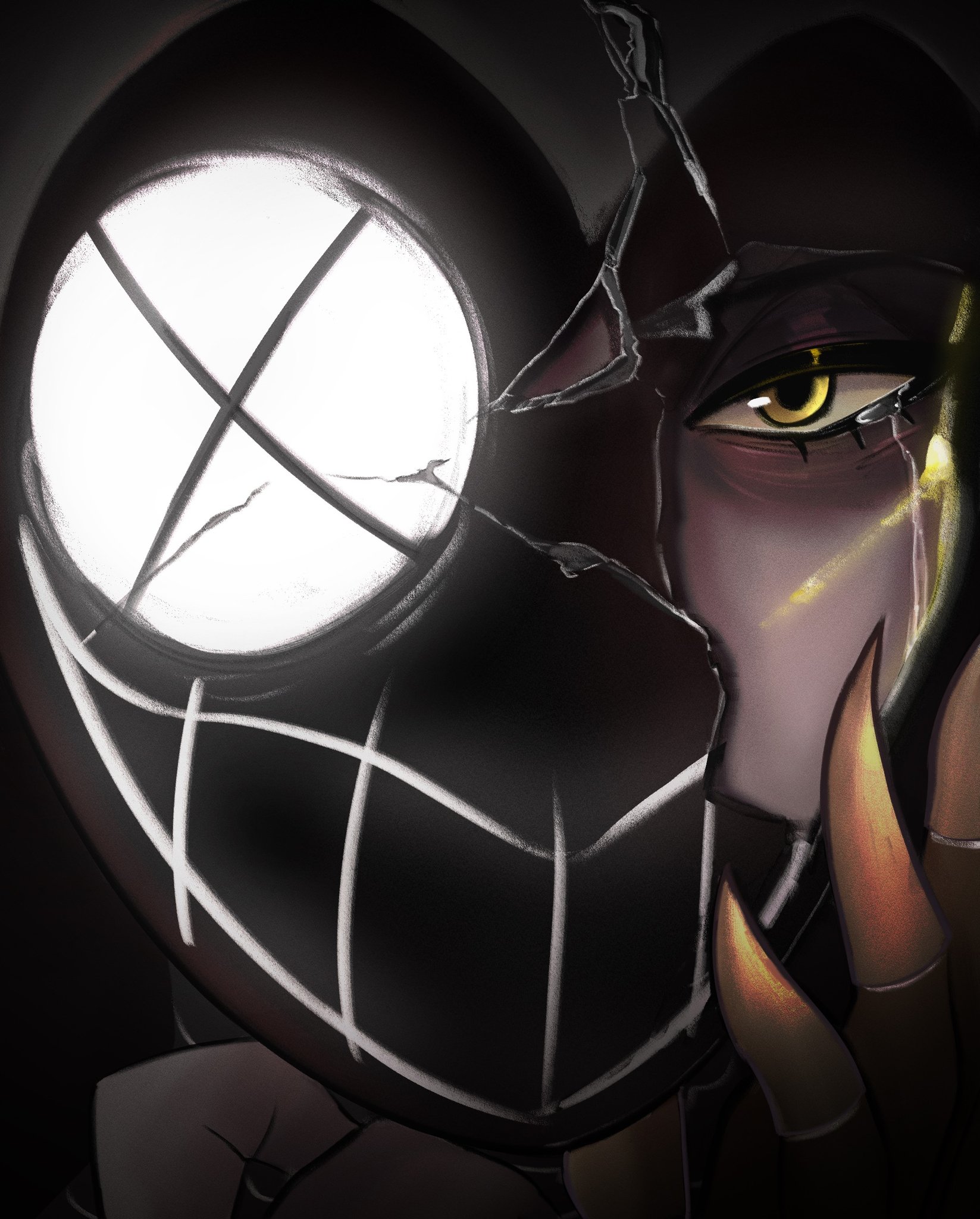 lute (hazbin hotel), hazbin hotel, hellaverse, highres, 1girl, broken mask, colored skin, cracked kawaii mask, delulute, glowing, glowing eyes, grey skin, hands up, mask, solo, yellow blood, yellow eyes