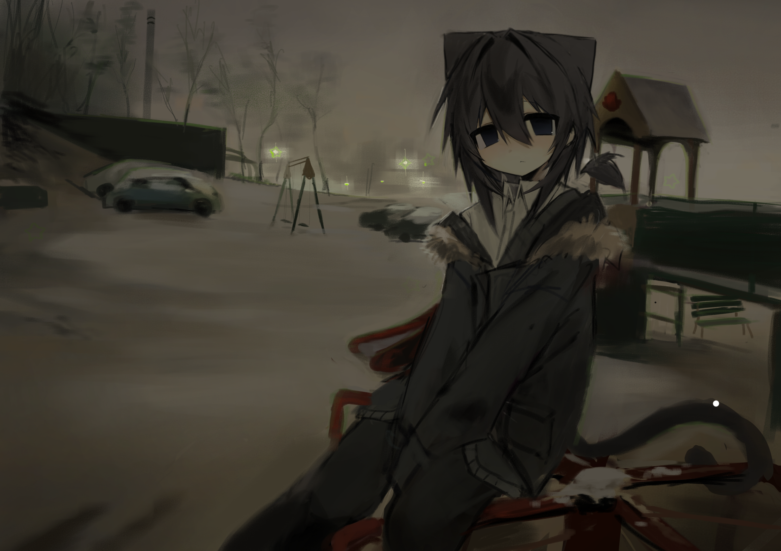 original, highres, non-web source, 1girl, animal ears, bench, black hair, black pants, car, cat ears, cat tail, collared shirt, fog, fur-trimmed jacket, fur trim, hair between eyes, jacket, mellt 1c, motor vehicle, outdoors, pants, playground, shirt, slide, snow, solo, swing set, tail, v arms, winter, winter clothes