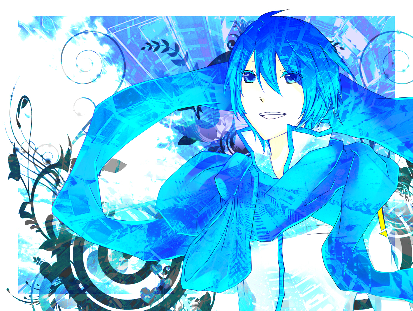 uinndo, kaito (vocaloid), vocaloid, bad id, bad pixiv id, 1boy, blue eyes, blue hair, blue scarf, male focus, matching hair/eyes, scarf, short hair, smile, solo