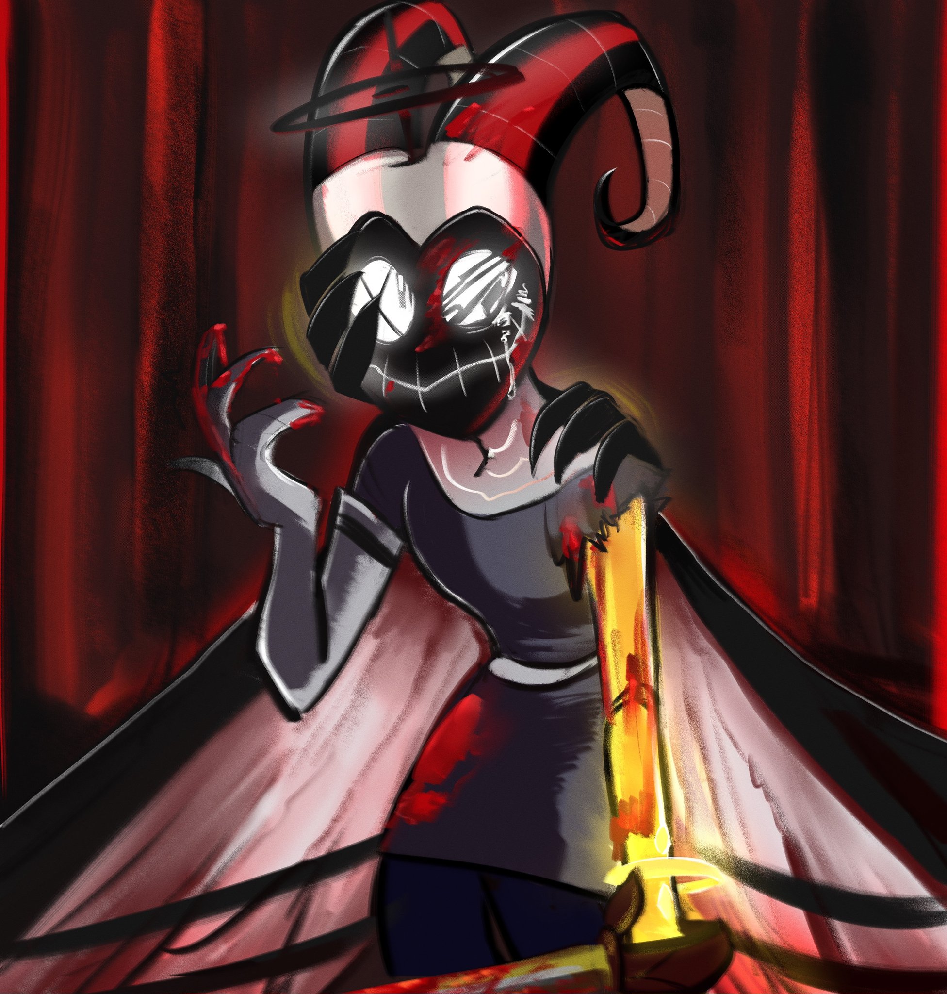lute (hazbin hotel), hazbin hotel, hellaverse, highres, 1girl, angel, angel wings, black dress, black halo, cowboy shot, curtains, delulute, dress, elbow gloves, facing viewer, gloves, grey gloves, halo, horns, shirt, short sleeves, solo, tears, torn clothes, torn shirt, wings