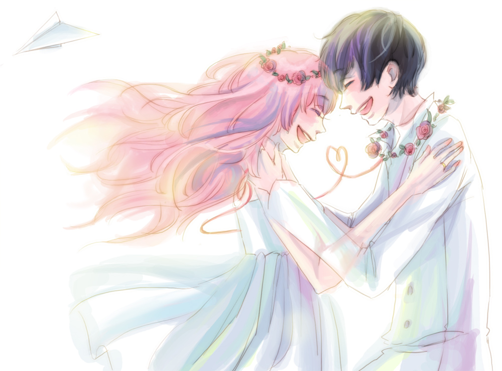 gayu, megurine luka, just be friends (vocaloid), vocaloid, 1boy, 1girl, black hair, couple, dress, flower, hetero, jewelry, long hair, paper airplane, pink hair, ring, short hair, simple background, smile, string, string of fate, white dress