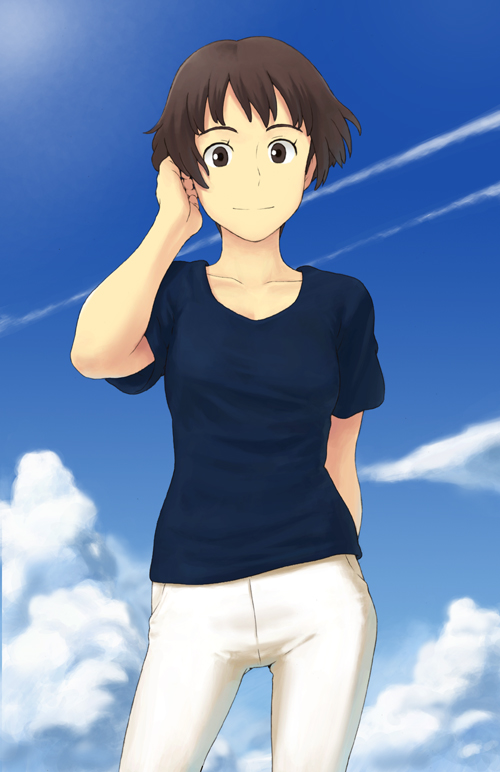 jas (littlecrime), lisa (ponyo), gake no ue no ponyo, studio ghibli, bad id, bad pixiv id, 00s, black shirt, blouse, bob cut, brown eyes, brown hair, cloud, contrail, day, hair flip, shirt, short hair, sky, smile, solo