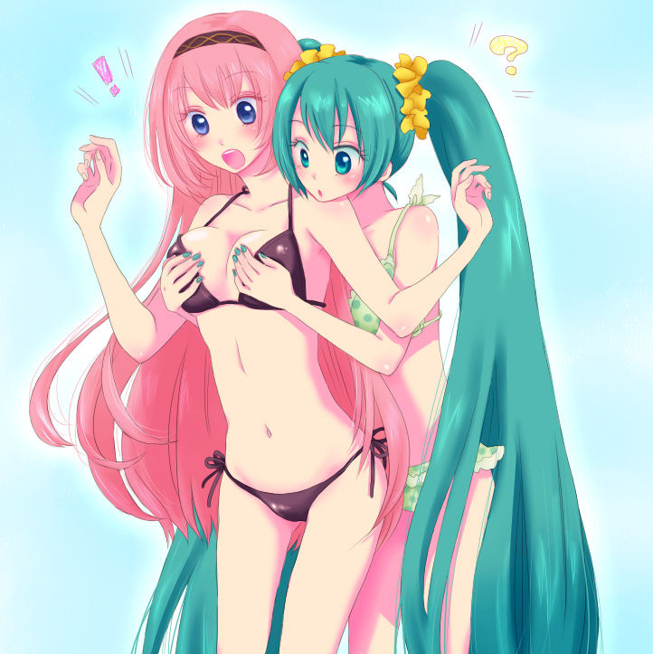 haruiro-march, hatsune miku, megurine luka, vocaloid, bad id, bad pixiv id, !, 2girls, ?, aqua eyes, aqua hair, bikini, blue eyes, blush, breast envy, breasts, grabbing another's breast, groping, hairband, large breasts, long hair, multiple girls, nail polish, pink hair, side-tie bikini bottom, surprised, surprised arms, swimsuit, twintails, very long hair, yuri