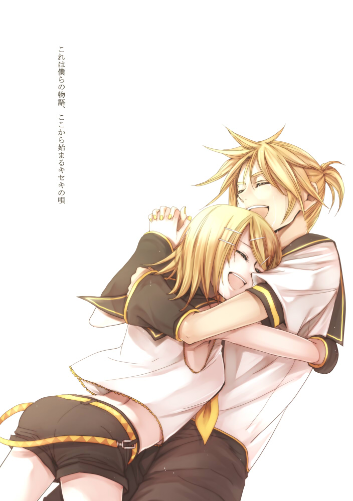 suzunosuke (sagula), kagamine len, kagamine rin, vocaloid, bad id, bad pixiv id, translated, 1boy, 1girl, blonde hair, brother and sister, closed eyes, hair ornament, hairclip, hetero, holding hands, hug, midriff, short hair, shorts, siblings, smile, tears, twins