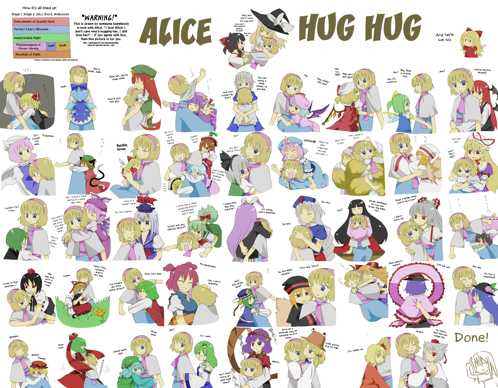 marisu, aki minoriko, aki shizuha, alice margatroid, chen, cirno, daiyousei, ex-keine, flandre scarlet, fujiwara no mokou, hakurei reimu, hinanawi tenshi, hong meiling, houraisan kaguya, ibuki suika, inaba tewi, inubashiri momiji, izayoi sakuya, kagiyama hina, kamishirasawa keine, kawashiro nitori, kazami yuuka, kirisame marisa, koakuma, kochiya sanae, konpaku youmu, letty whiterock, lily black, lily white, lunasa prismriver, lyrica prismriver, medicine melancholy, merlin prismriver, moriya suwako, mystia lorelei, nagae iku, onozuka komachi, patchouli knowledge, reisen udongein inaba, remilia scarlet, rumia, saigyouji yuyuko, shameimaru aya, shanghai doll, shiki eiki, wriggle nightbug, yagokoro eirin, yakumo ran, yakumo yukari, yasaka kanako, touhou, highres, translated, 6+girls, blonde hair, everyone, hug, multiple girls, red eyes, yuri