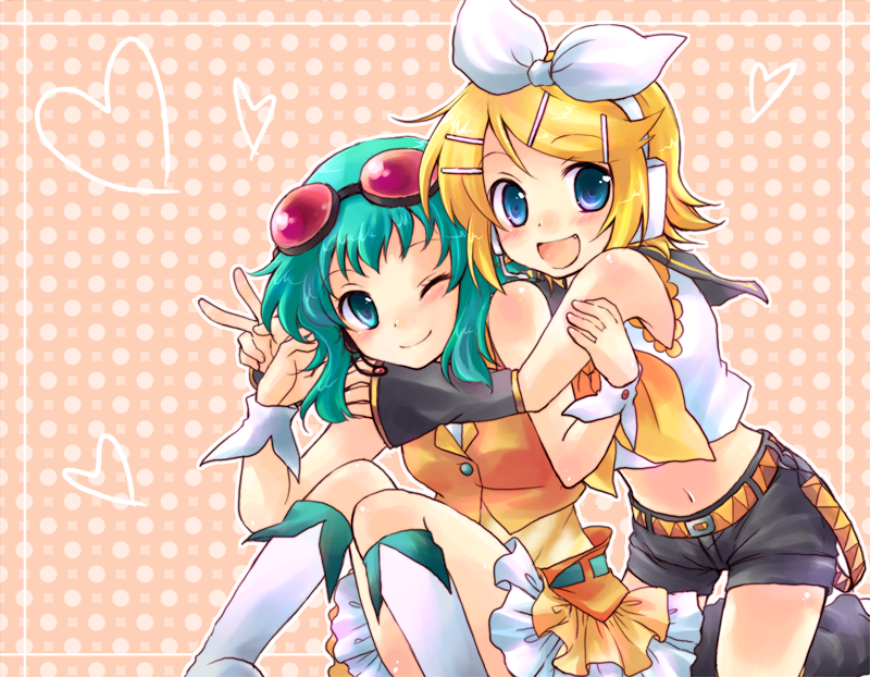 kousetsu, gumi, kagamine rin, vocaloid, bad id, bad pixiv id, 2girls, blonde hair, blue eyes, boots, goggles, goggles on head, green hair, hair ornament, hair ribbon, hairclip, hug, midriff, multiple girls, one eye closed, ribbon, short hair, skirt, smile, v, wink