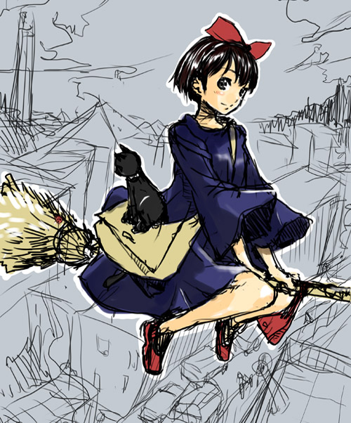 matekou, jiji (majo no takkyuubin), kiki (majo no takkyuubin), majo no takkyuubin, studio ghibli, 1980s (style), bag, black cat, black hair, bow, broom, broom riding, cat, hair bow, looking back, messenger bag, oldschool, retro artstyle, short hair, shoulder bag, sketch, solo