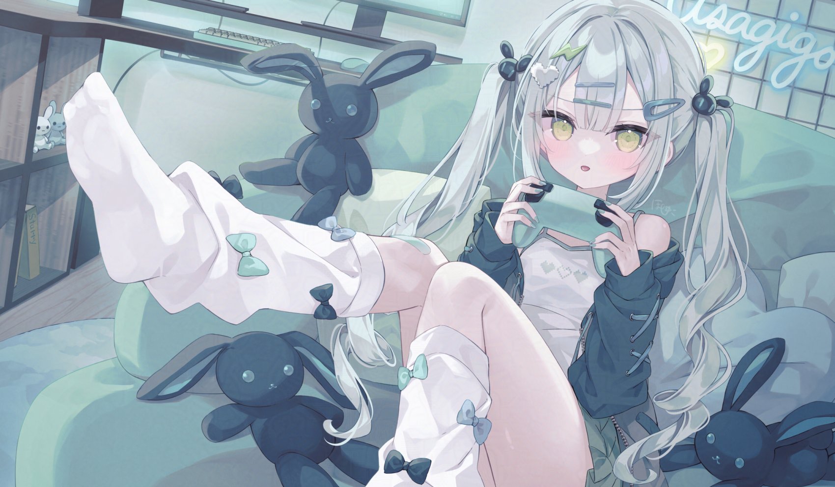 hoshi (snacherubi), original, commentary, english commentary, highres, 1girl, black jacket, camisole, closed mouth, computer keyboard, computer mouse, controller, game controller, green eyes, green skirt, grey hair, hair ornament, hairclip, hands up, heart, heart hair ornament, holding, holding controller, holding game controller, indoors, jacket, knees together feet apart, lightning bolt, lightning bolt hair ornament, lightning bolt symbol, long hair, long sleeves, looking at viewer, loose socks, monitor, no shoes, off shoulder, open clothes, open jacket, pixelated, pleated skirt, puffy long sleeves, puffy sleeves, rabbit hair ornament, skirt, sleeves past wrists, socks, soles, solo, stuffed animal, stuffed rabbit, stuffed toy, tongue, tongue out, twintails, very long hair, white camisole, white socks