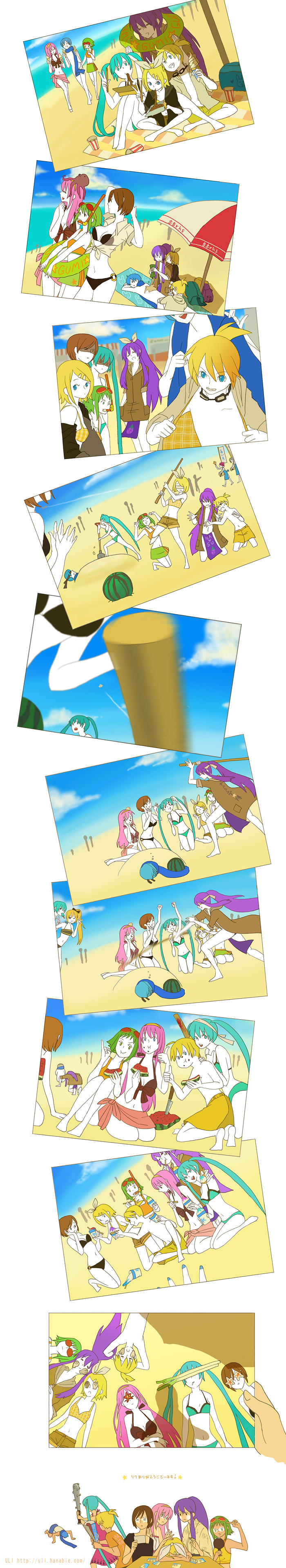 uli, akita neru, gumi, hatsune miku, hatsune mikuo, kagamine len, kagamine rin, kaito (vocaloid), kamui gakupo, kasane teto, megurine luka, meiko (vocaloid), sonika, yowane haku, utau, vocaloid, absurdres, bad id, bad pixiv id, highres, long image, tall image, translated, 3boys, 5girls, :t, animal, animal on head, aqua hair, barefoot, baseball bat, beach, bikini, bikini skirt, black bikini, blonde hair, blue hair, blue scarf, bow, breasts, brown hair, cleavage, cloud, crossover, digging, dogeza, eating, everyone, eyewear around neck, eyewear on head, food, fruit, genderswap, genderswap (ftm), goggles, goggles around neck, goggles on head, green bikini, green hair, hair bow, hair ornament, hair ribbon, hairclip, holding, holding shovel, holding swim ring, hood, hoodie, innertube, kneeling, long hair, male swimwear, motion blur, multiple boys, multiple girls, nail (hardware), nail bat, o-ring, o-ring bikini, ocean, octopus, on head, outdoors, photo (object), pink hair, pink sarong, ponytail, prank, prostration, purple hair, red hair, ribbon, sarong, scarf, shaded face, short hair, shorts, shovel, side ponytail, sitting, sky, smile, snorkel, spring onion, staff, suikawari, swim ring, swim trunks, swimsuit, tan, tan tattoo, tankini, tanline, tattoo, twintails, v, very long hair, watermark, watermelon, watermelon slice, weapon, web address, yellow male swimwear, yellow swim trunks