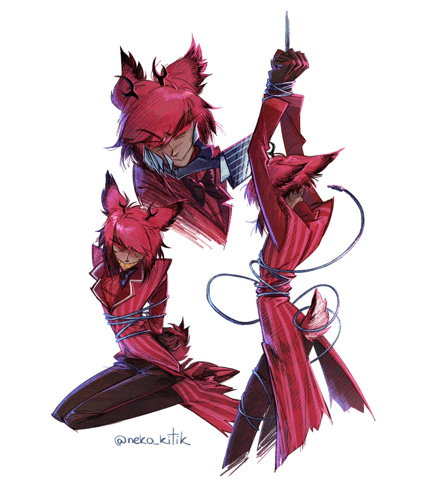 alastor (hazbin hotel), hazbin hotel, hellaverse, highres, 1boy, animal ears, antlers, arms up, black hair, bow, bowtie, brown pants, colored sclera, cropped legs, deer antlers, deer boy, deer tail, grin, horns, jacket, male focus, multicolored hair, pants, perchik, red eyes, red hair, red jacket, red sclera, restrained, sharp teeth, short hair, simple background, smile, striped clothes, striped jacket, tail, teeth, torn clothes, torn jacket, two-tone hair, white background