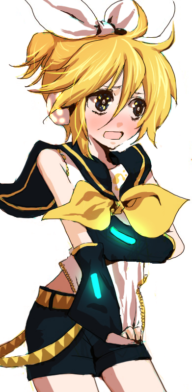 camayu, kagamine len, kagamine rin, vocaloid, bad id, bad pixiv id, 1boy, blonde hair, blush, cosplay, crossdressing, crossdressing (mtf), headphones, kagamine rin (cosplay), male focus, midriff, short hair, shorts, simple background, solo, trap