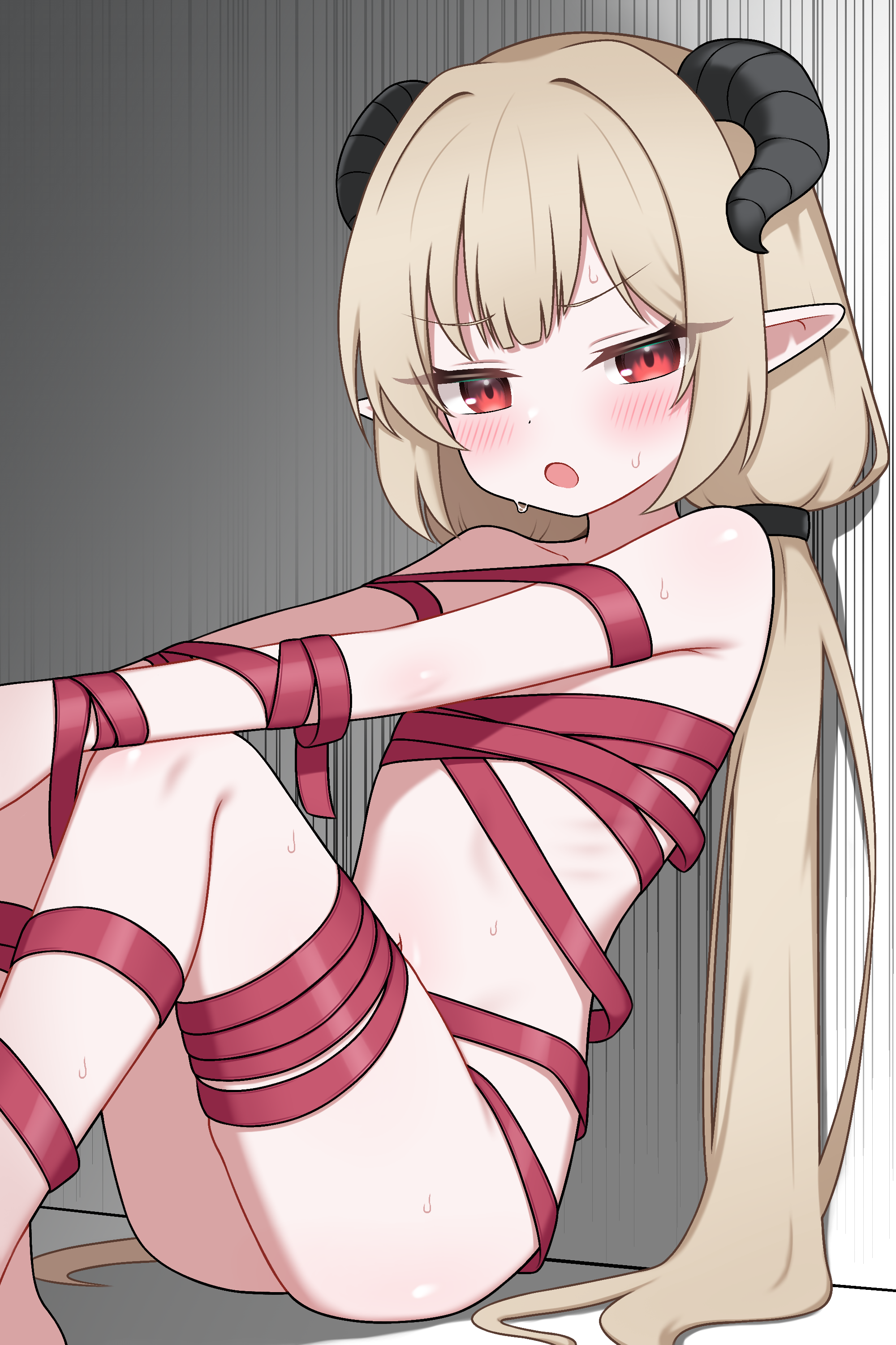 zing (z z zing), original, absurdres, commentary, commission, english commentary, highres, variant set, 1girl, black horns, blonde hair, blush, bound, flat chest, horns, knees up, long hair, looking at viewer, low twintails, naked ribbon, navel, nude, open mouth, pointy ears, red eyes, red ribbon, ribbon, ribbon bondage, sitting, solo, sweat, twintails, very long hair