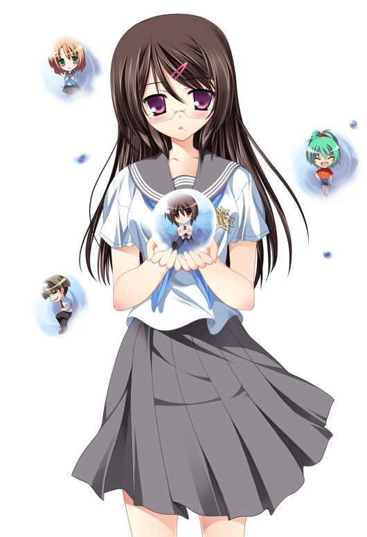 oba kagerou, ooba kagerou, 2boys, 3girls, bubble, chibi, glasses, multiple boys, multiple girls, school uniform, serafuku