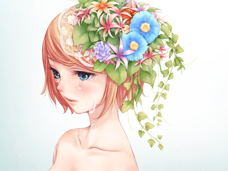 f-cla, kagamine rin, vocaloid, bad id, bad pixiv id, 1girl, blonde hair, blue eyes, close-up, collarbone, female focus, flower, gradient background, short hair, solo, tears, topless female