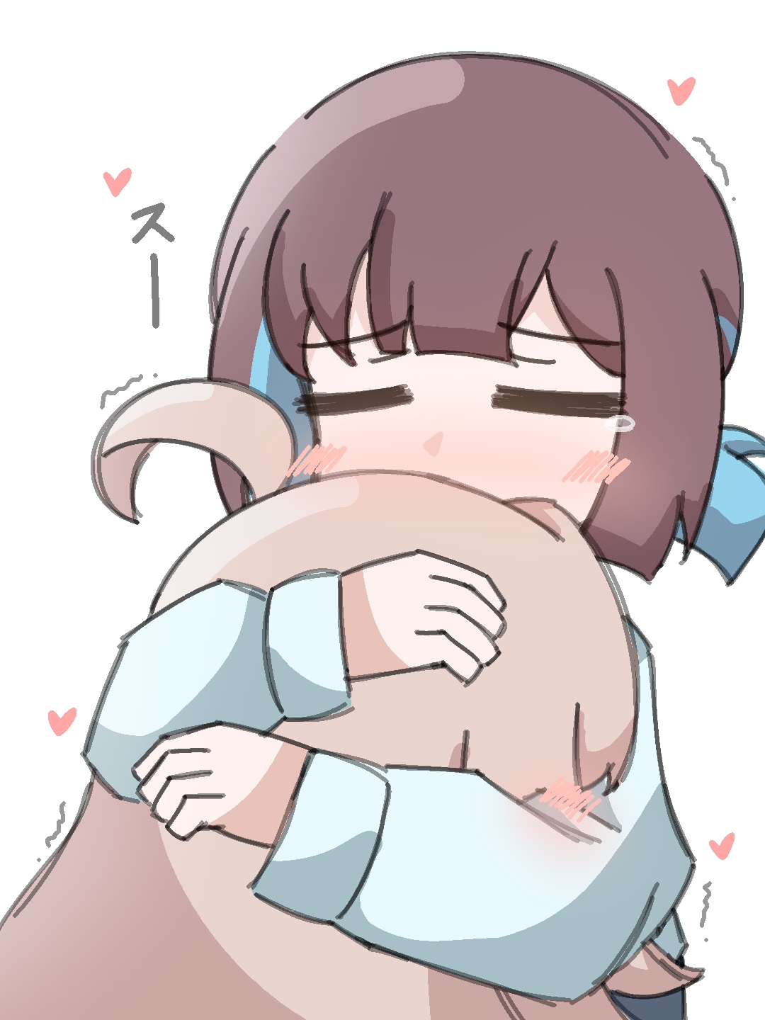 nakashiro116, hozuki momiji, oyama mahiro, onii-chan wa oshimai!, commentary, highres, 2girls, ahoge, blue hair, blush, brown hair, closed eyes, colored inner hair, heart, hug, long hair, long sleeves, multicolored hair, multiple girls, ponytail, shirt, short hair, short ponytail, simple background, tears, trembling, two-tone hair, white background, white shirt