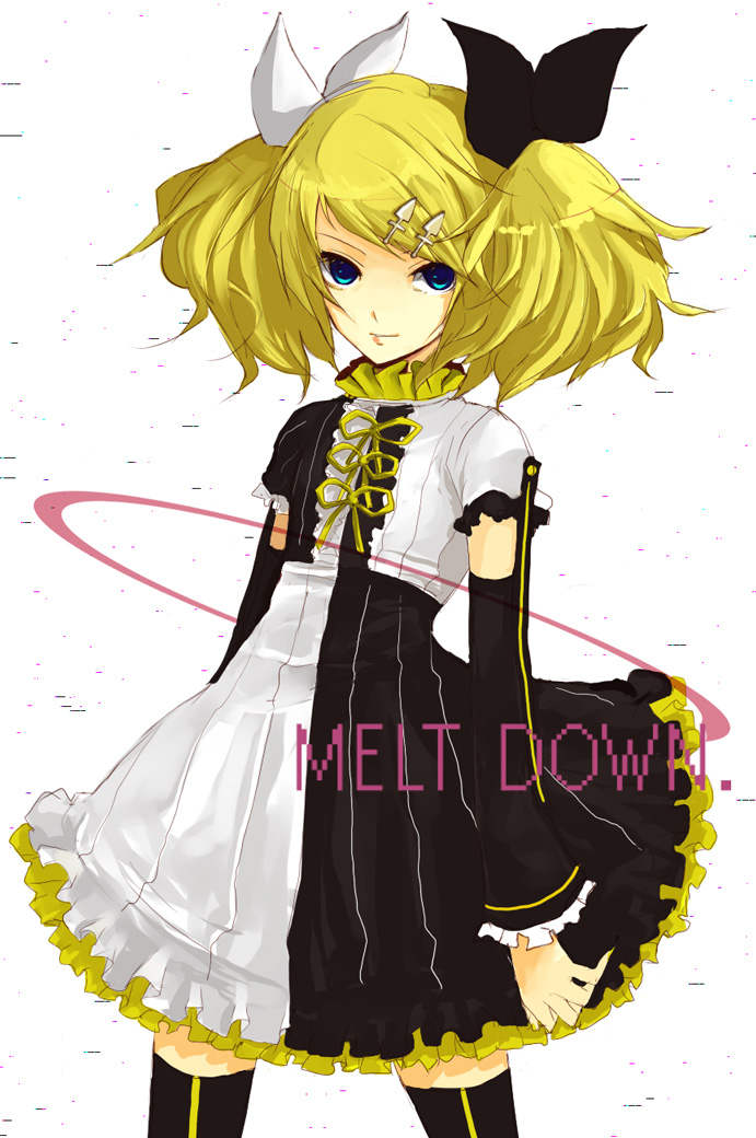 nntn, kagamine rin, kagamine rin (reactor), roshin yuukai (vocaloid), vocaloid, bad id, bad pixiv id, 1girl, alternate hairstyle, blonde hair, blue eyes, detached sleeves, dress, female focus, hair ornament, hair ribbon, hairclip, long hair, ribbon, simple background, solo, thighhighs, twintails, white background, zettai ryouiki