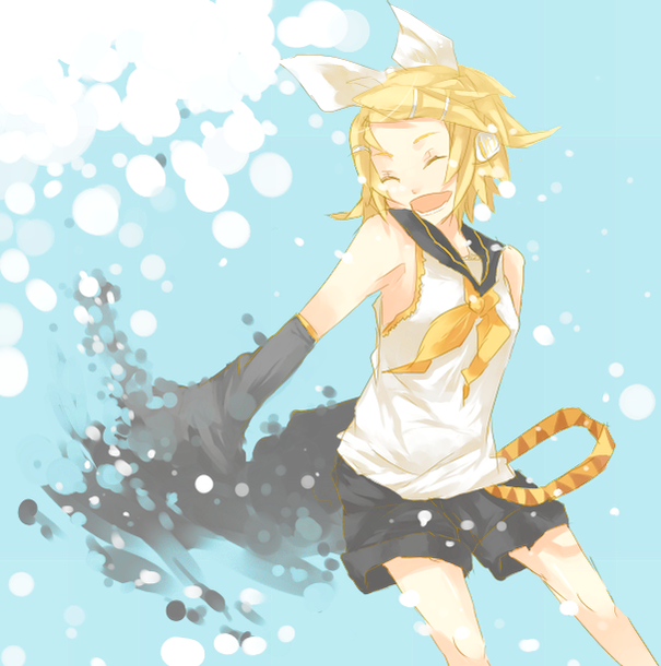 whitedog, kagamine rin, vocaloid, bad id, bad pixiv id, 1girl, blonde hair, closed eyes, female focus, hair ornament, hair ribbon, hairclip, midriff, ribbon, short hair, shorts, smile, solo