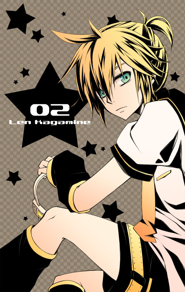 mukkun, kagamine len, vocaloid, 1boy, aqua eyes, blonde hair, headphones, high contrast, male focus, short hair, shorts, solo, star (symbol)